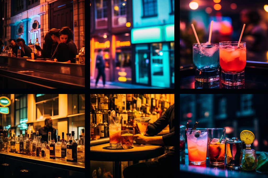 A collage of vibrant bar scenes in Leeds, showcasing the city's diverse nightlife. Expertly crafted cocktails, lively music, and a mix of traditional and modern venues. --ar 3:2