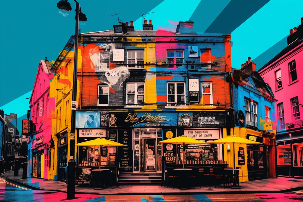 A vibrant collage of Leeds city bars, showcasing their unique atmospheres and diverse offerings. Colorful, energetic, and full of character. --ar 3:2