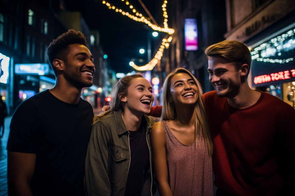 A group of friends enjoying a vibrant night out in Leeds, hopping from one bar to another. Exciting, energetic, nightlife, friends, city lights. --ar 3:2